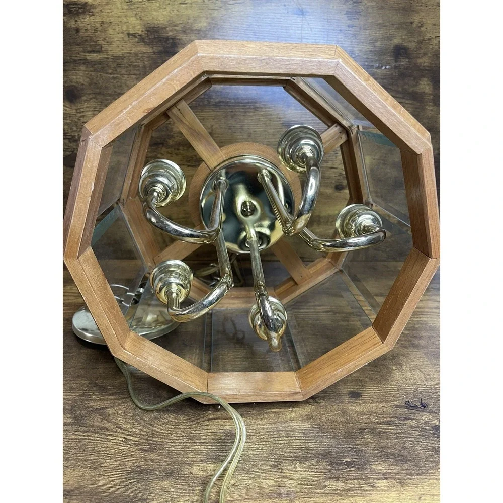Wood & Smoked Glass Panel Hanging Pendant Swag 5 Lights VTG Mid Century Modern